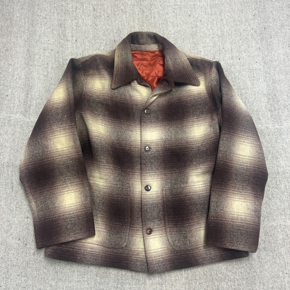 Vintage Shadow Plaid Jacket Mens Large Brown 1950s Button Up Wool